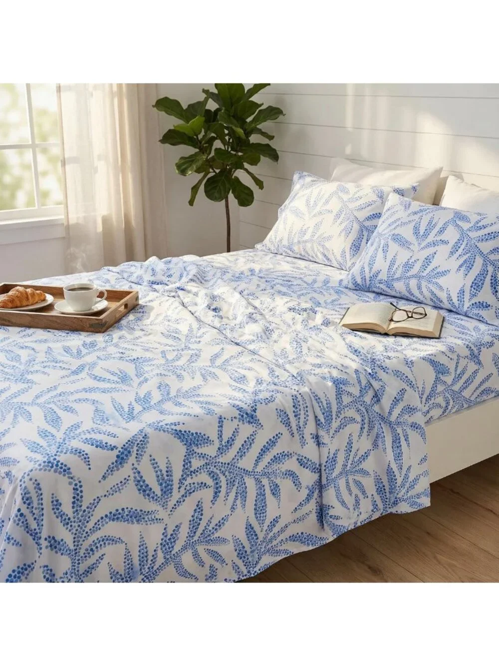 Floral Blue Queen Sheet Set - Super Soft 4-Piece Bedding, Deep Pocket Fitted